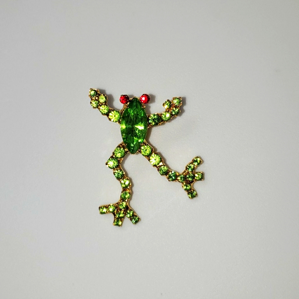 Frog Pin Gold With Green and Red Rhinestones